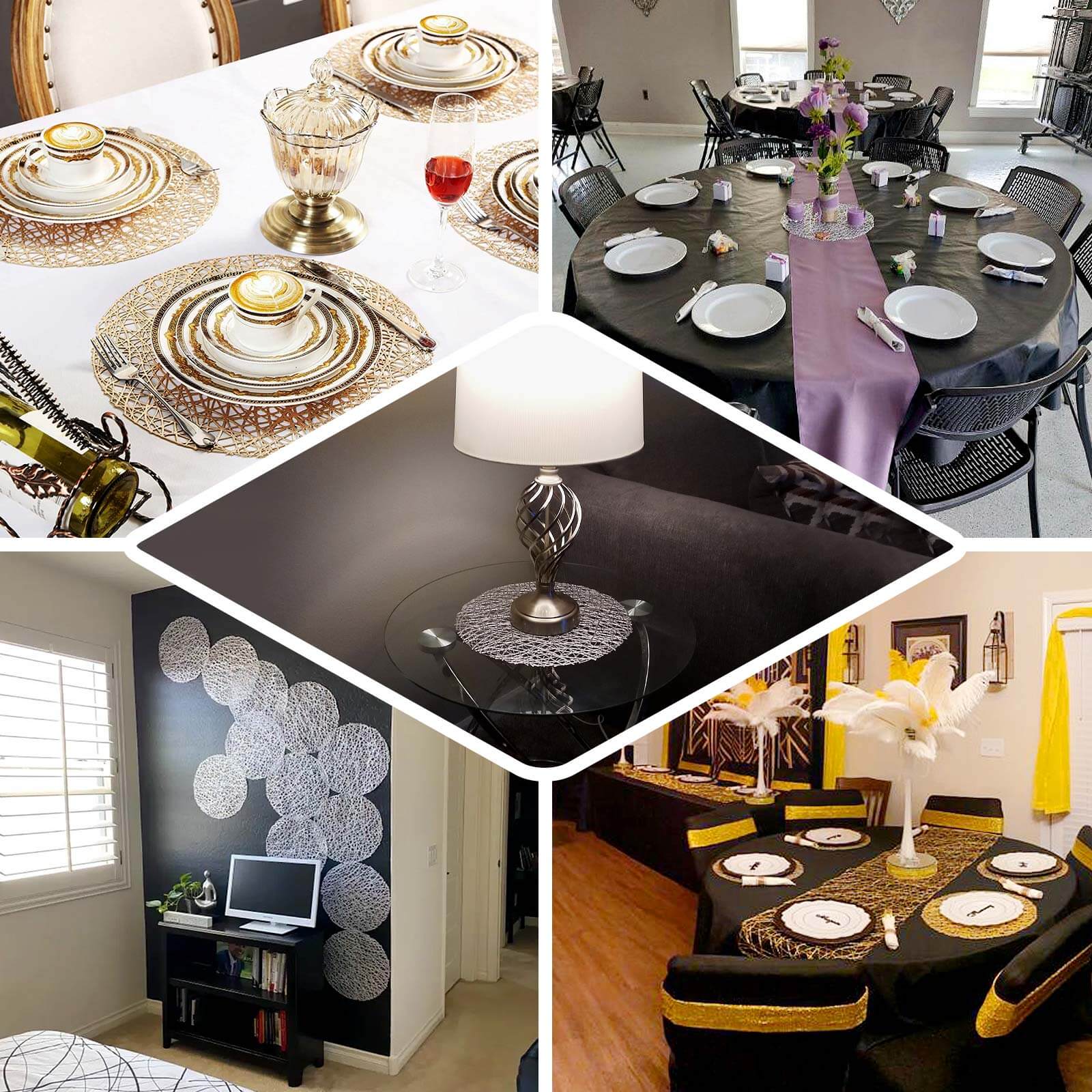 6-Pack Vinyl Placemats Black Woven Design - Durable Non-Slip Round Table Mats for Dining 15" - Image 5