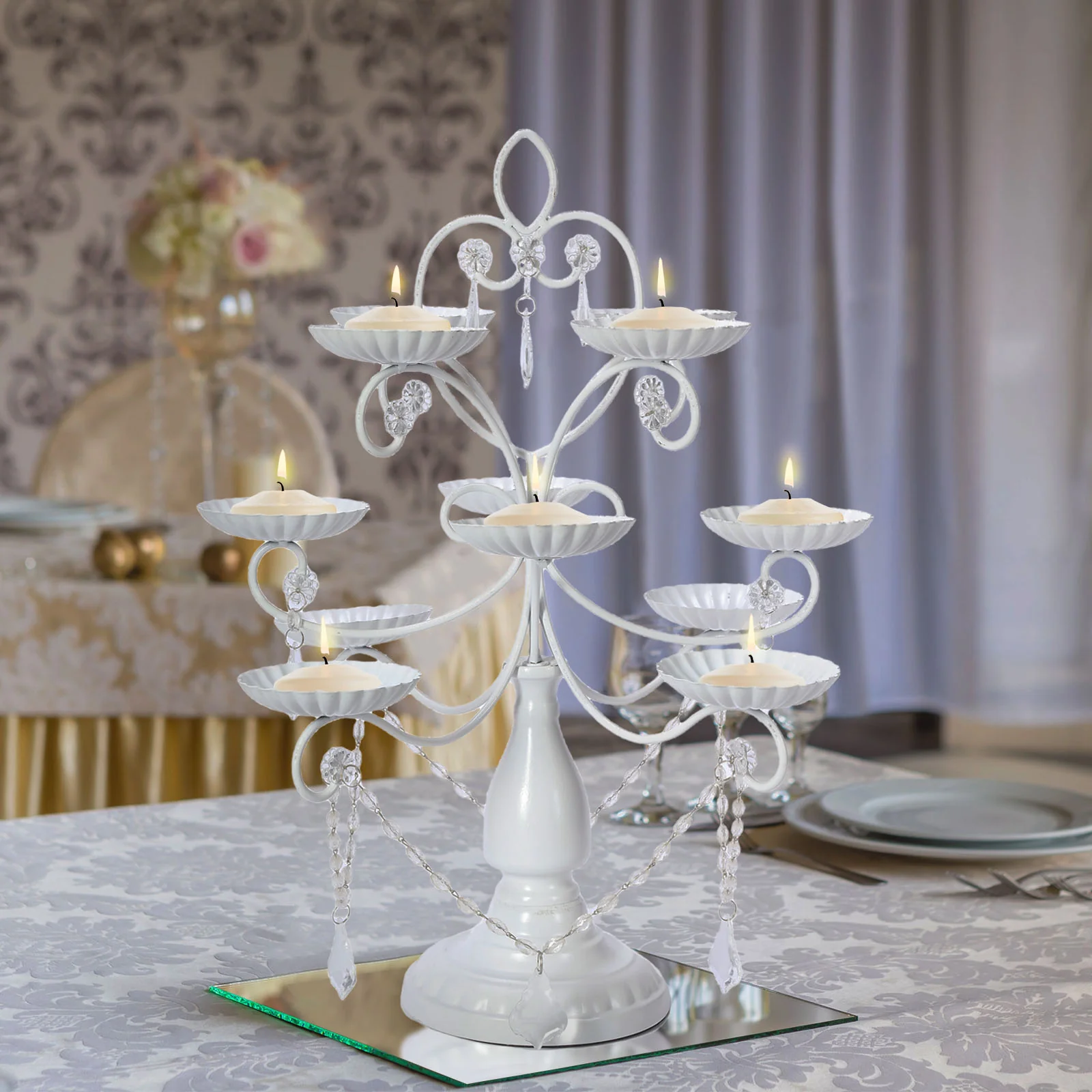 Metal Candle Holder 12-Arm Multipurpose Design White with Acrylic Crystals - Cupcake Display Stand 20"