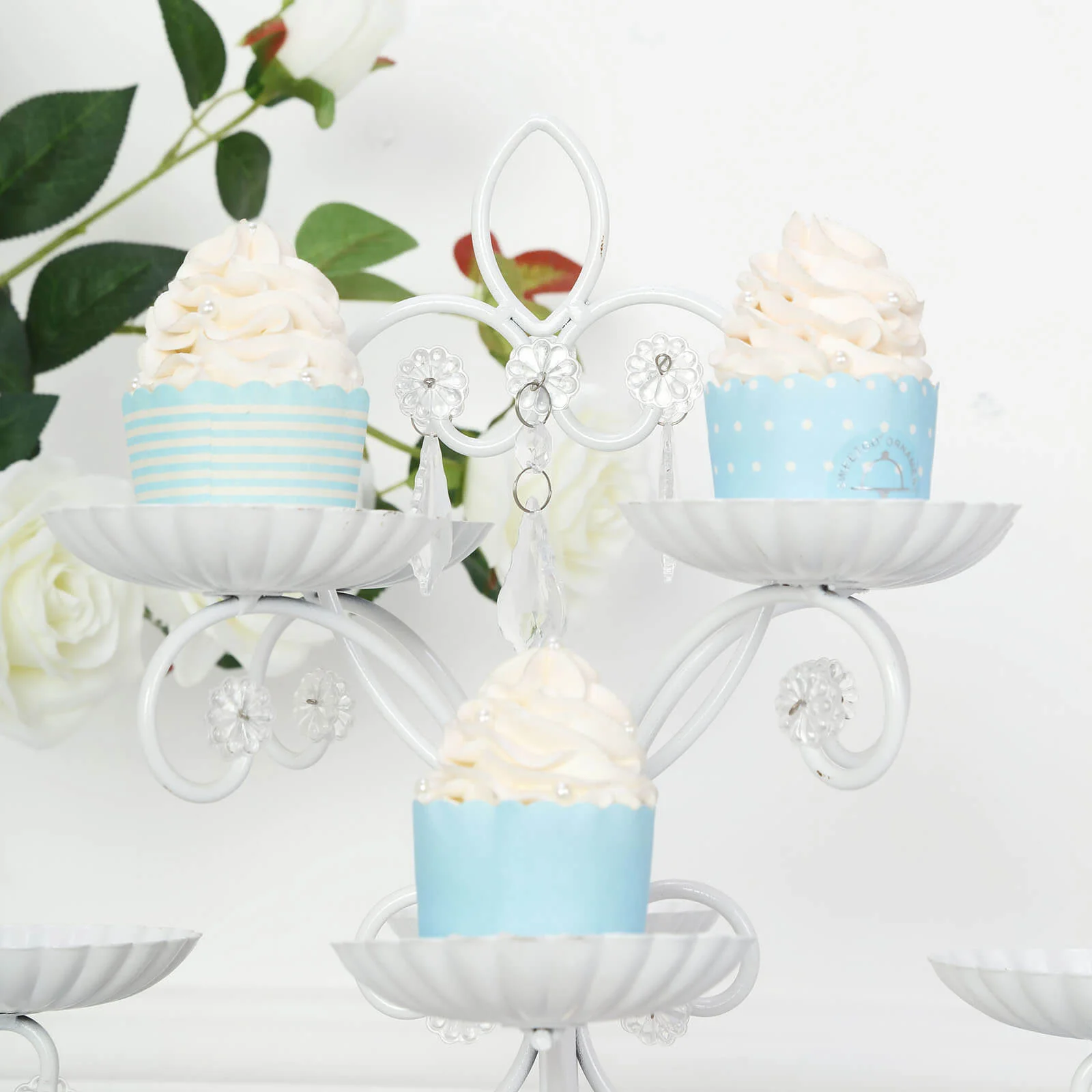 Metal Candle Holder 12-Arm Multipurpose Design White with Acrylic Crystals - Cupcake Display Stand 20" - Image 10
