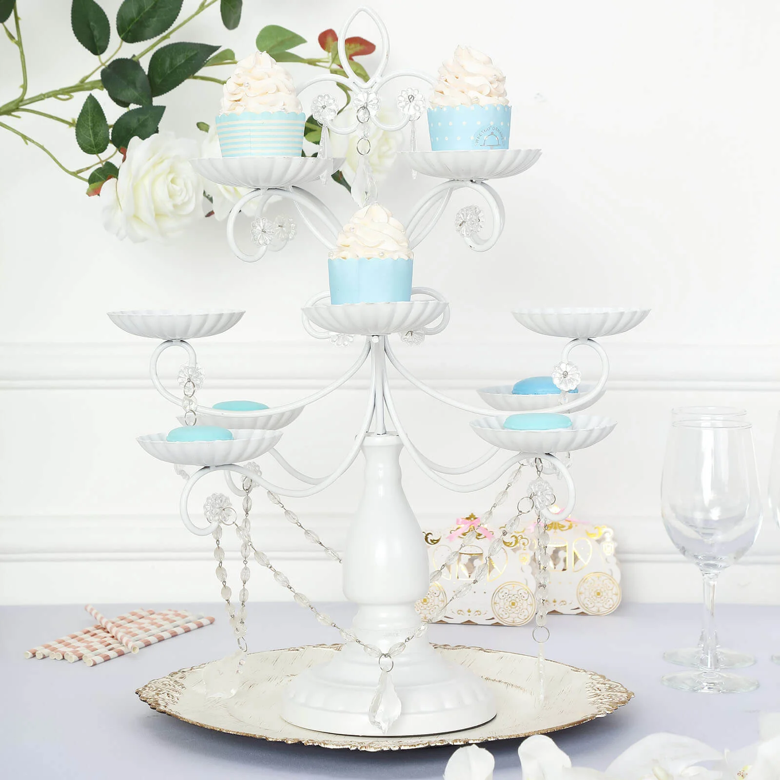 Metal Candle Holder 12-Arm Multipurpose Design White with Acrylic Crystals - Cupcake Display Stand 20" - Image 2