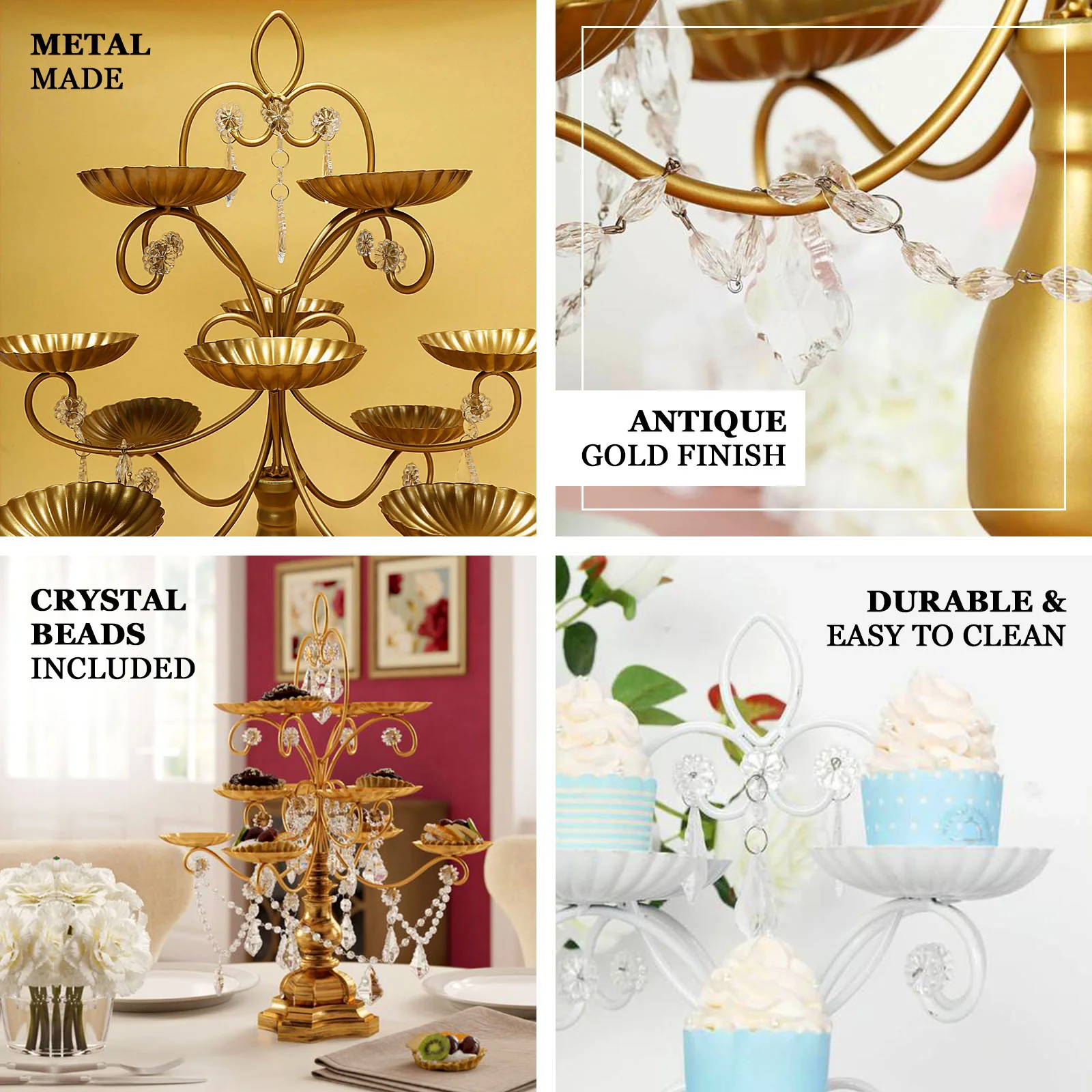 Metal Candle Holder 12-Arm Multipurpose Design White with Acrylic Crystals - Cupcake Display Stand 20" - Image 4