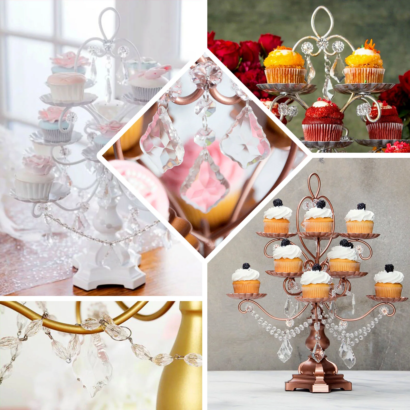 Metal Candle Holder 12-Arm Multipurpose Design White with Acrylic Crystals - Cupcake Display Stand 20" - Image 5