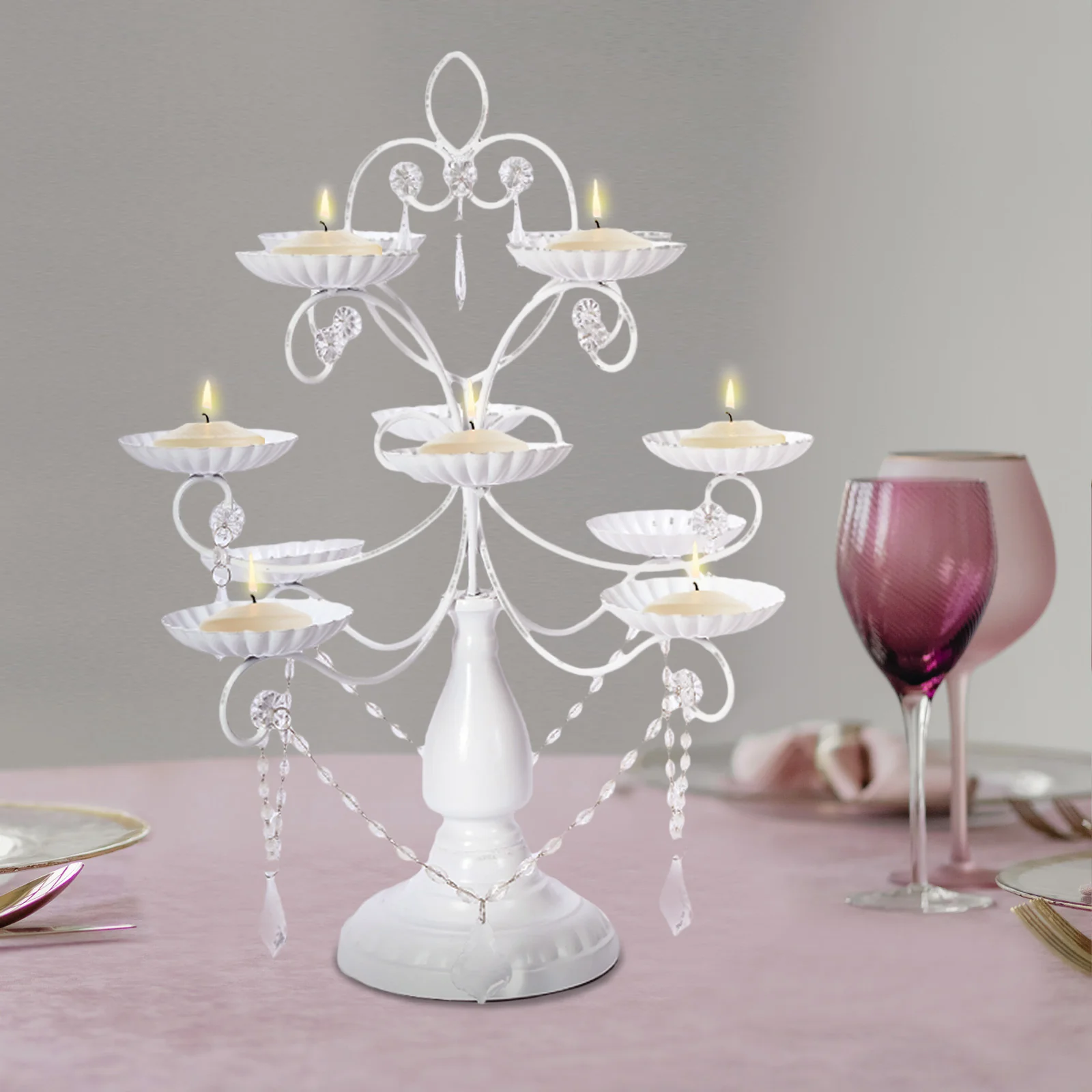 Metal Candle Holder 12-Arm Multipurpose Design White with Acrylic Crystals - Cupcake Display Stand 20" - Image 8