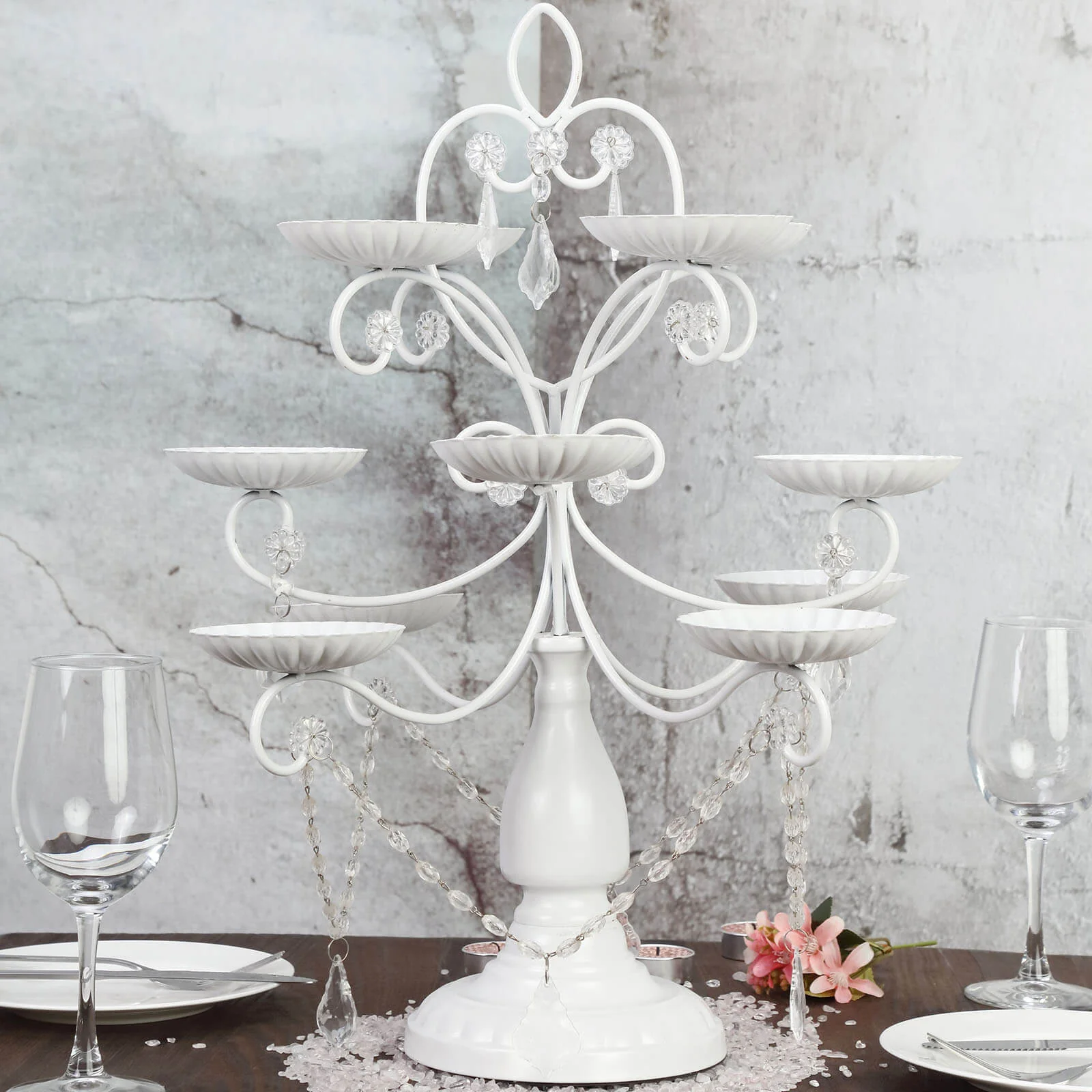 Metal Candle Holder 12-Arm Multipurpose Design White with Acrylic Crystals - Cupcake Display Stand 20" - Image 9