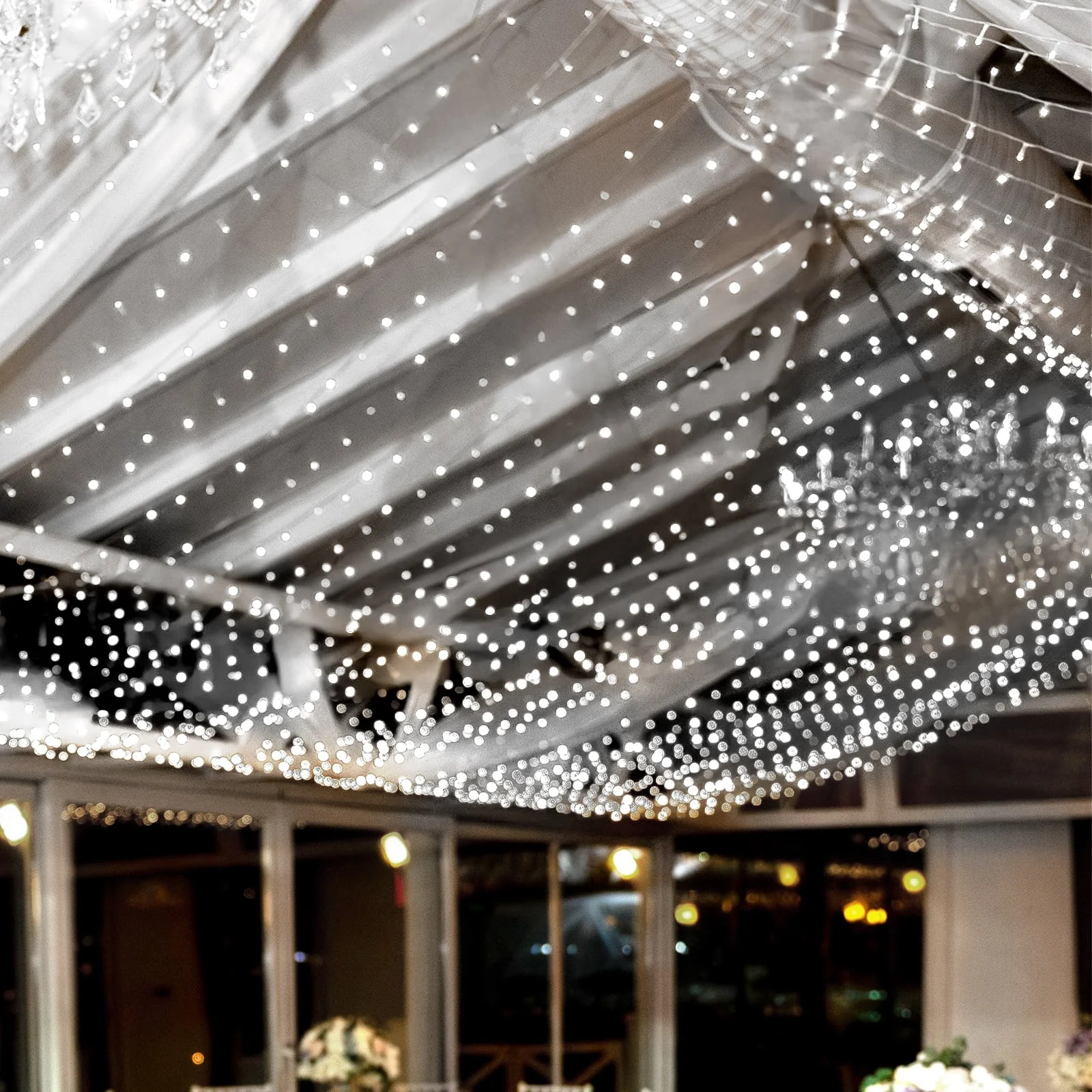 10ftx20ft Cool White 600 LED Curtain String Lights with 8 Modes & Inline Memory Controller, Plug In Connectable Fairy Lights
