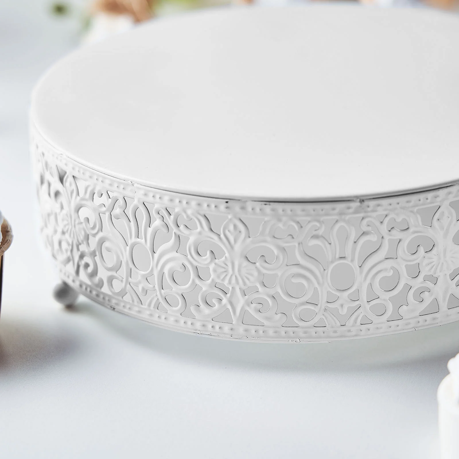 Metal Wedding Cake Stand Fleur De Lis Round Design White - Cupcake Pedestal Display 8" - Image 10