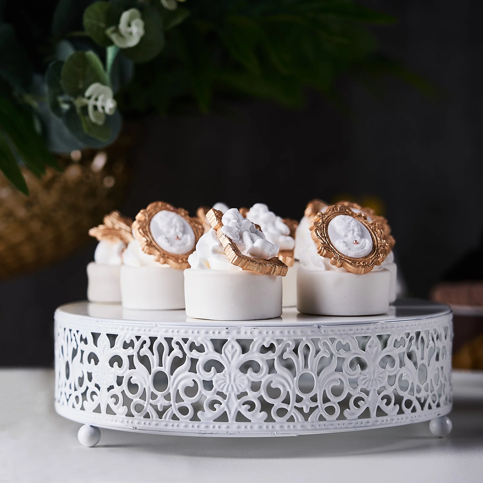 Metal Wedding Cake Stand Fleur De Lis Round Design White - Cupcake Pedestal Display 8" - Image 11