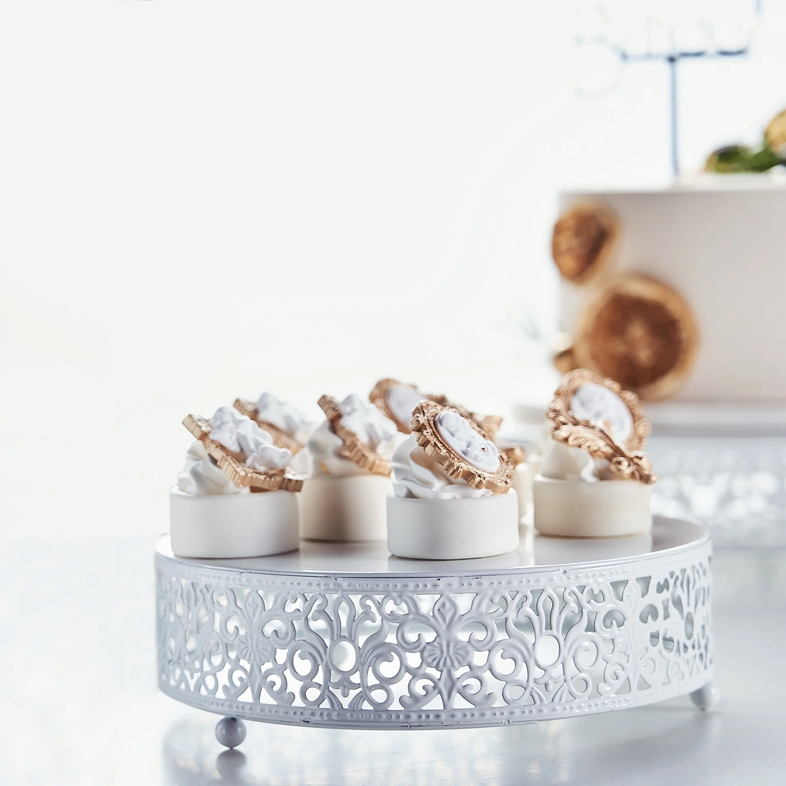 Metal Wedding Cake Stand Fleur De Lis Round Design White - Cupcake Pedestal Display 8" - Image 2