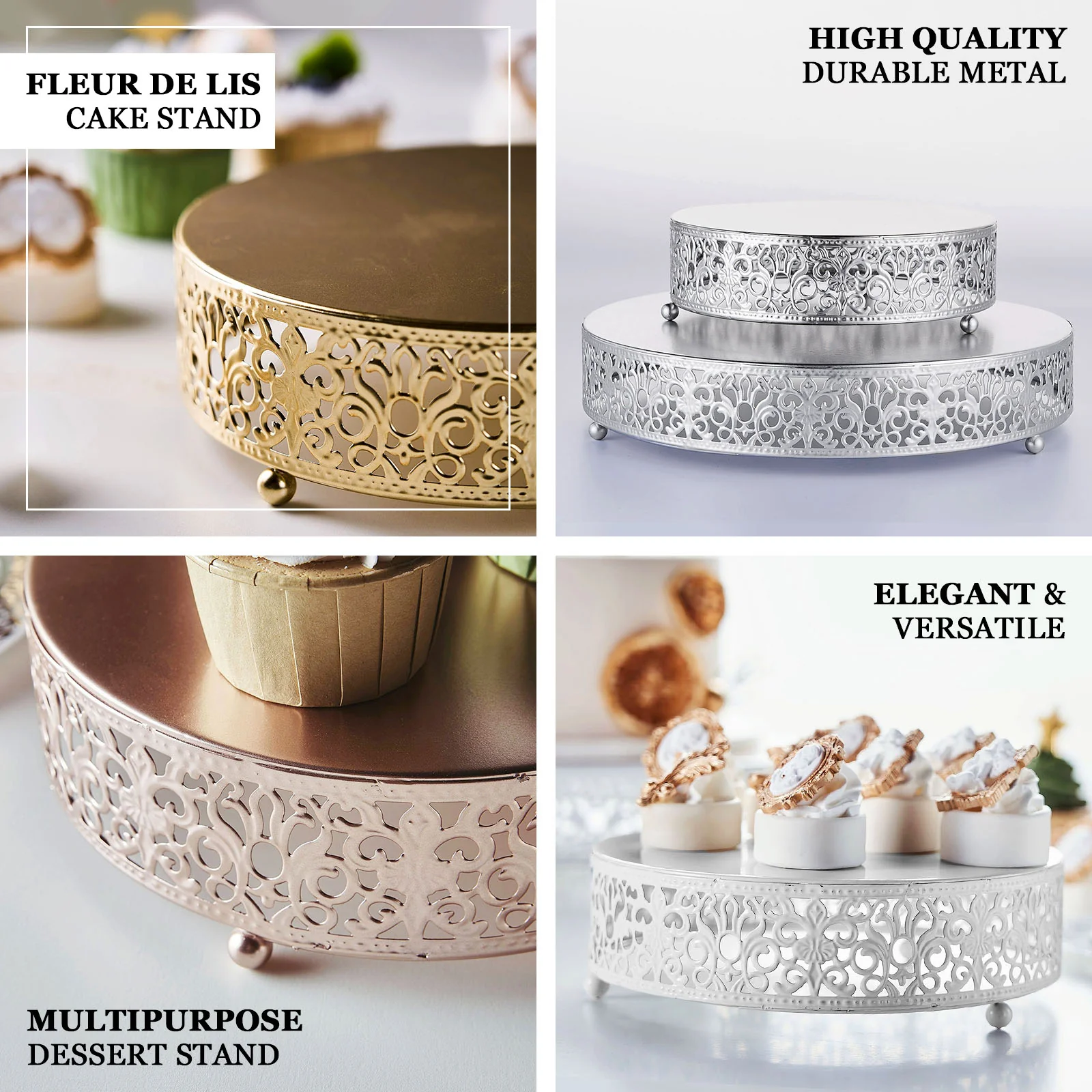 Metal Wedding Cake Stand Fleur De Lis Round Design White - Cupcake Pedestal Display 8" - Image 4