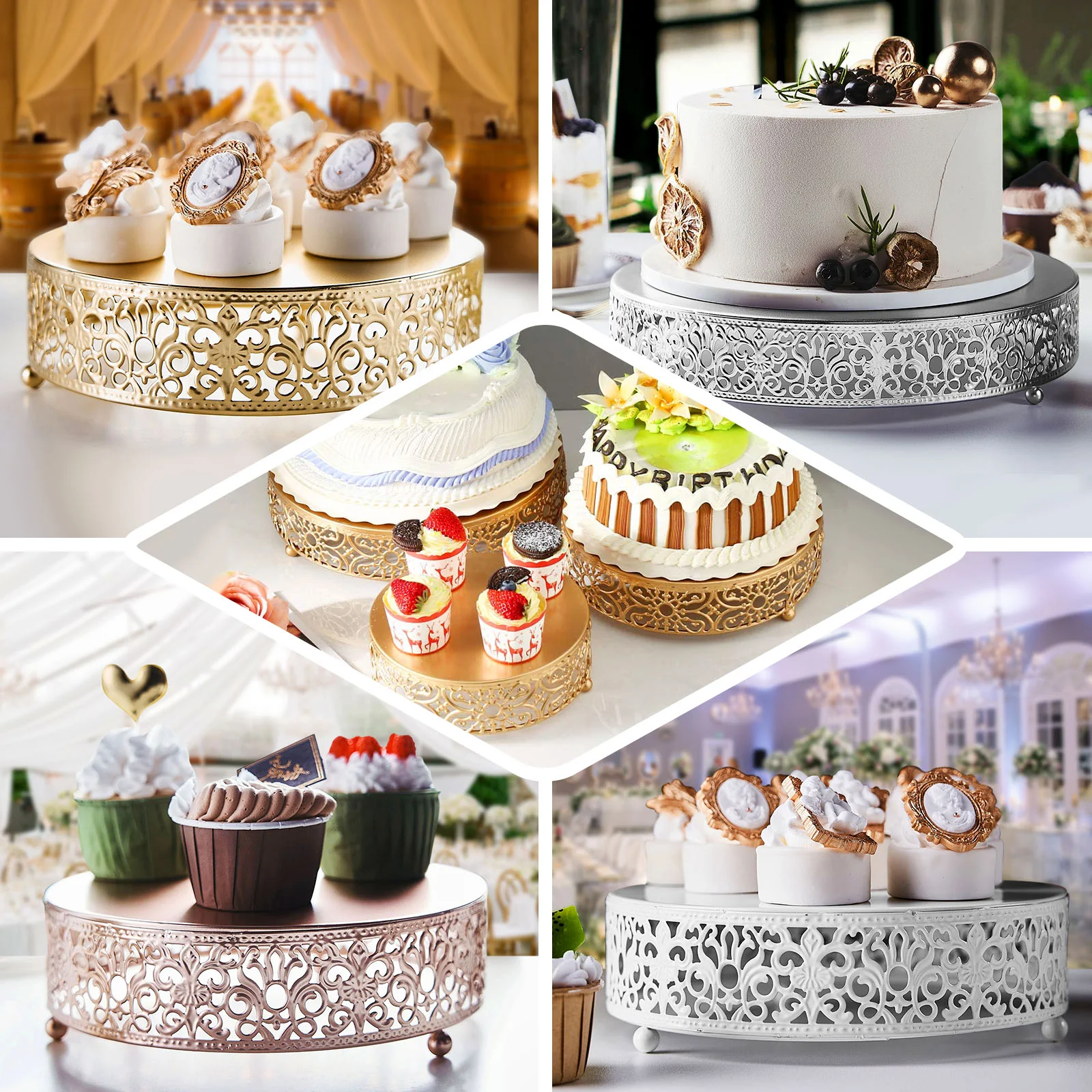 Metal Wedding Cake Stand Fleur De Lis Round Design White - Cupcake Pedestal Display 8" - Image 5