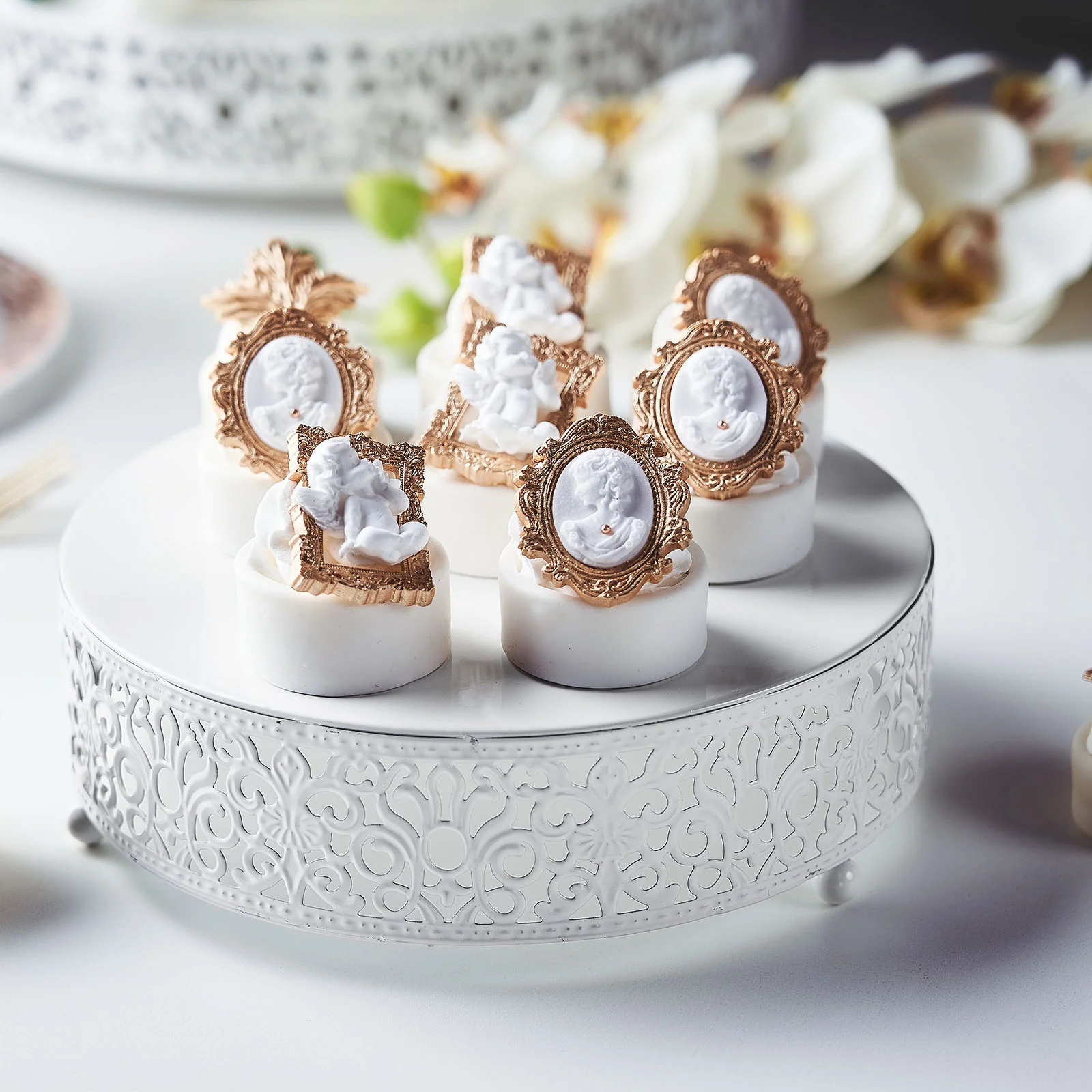 Metal Wedding Cake Stand Fleur De Lis Round Design White - Cupcake Pedestal Display 8" - Image 8