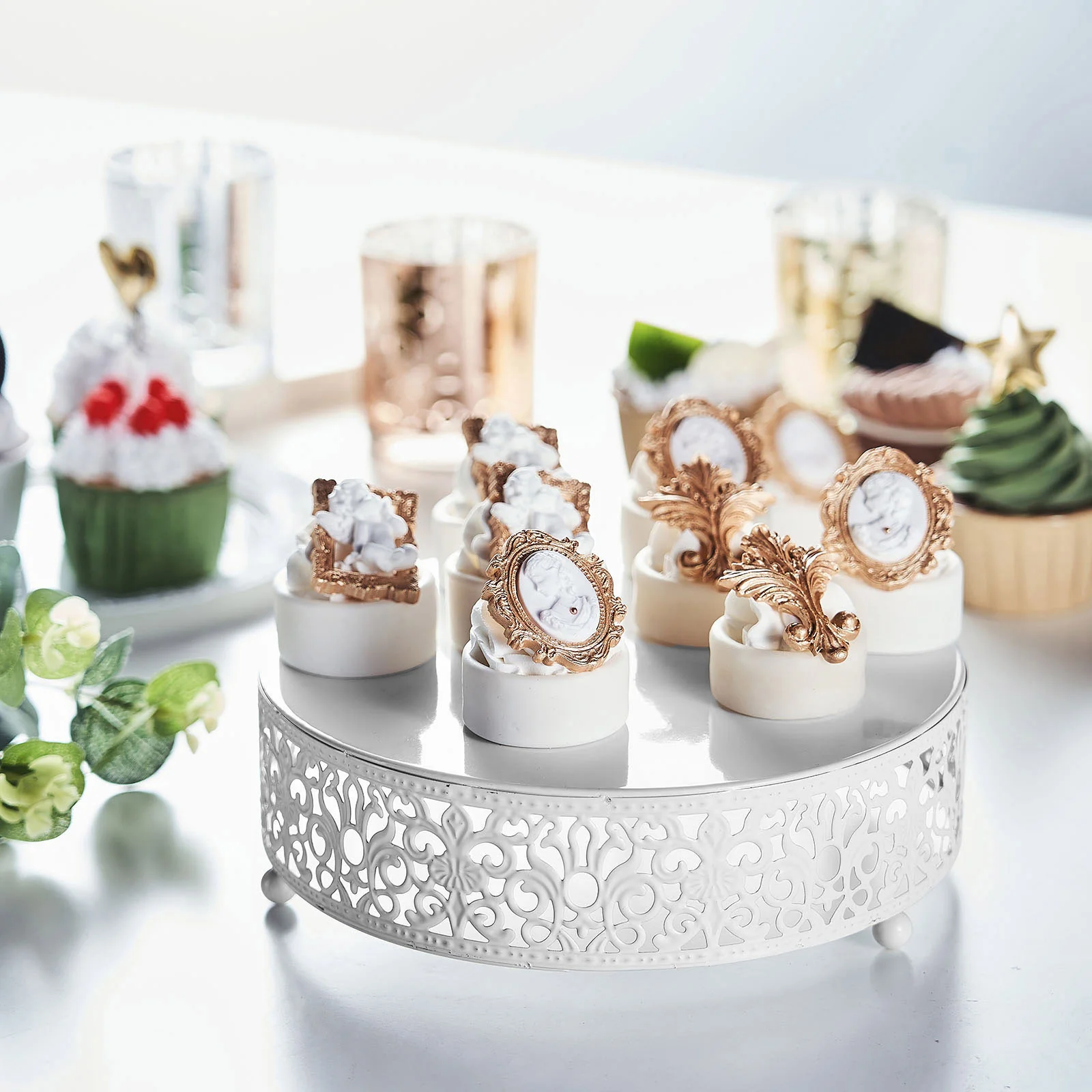 Metal Wedding Cake Stand Fleur De Lis Round Design White - Cupcake Pedestal Display 8" - Image 9